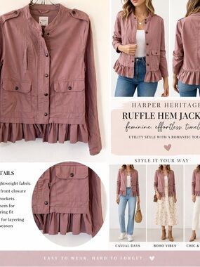 Harper Heritage Ruffle Hem Jacket Womens Medium Pink Utility Button Front